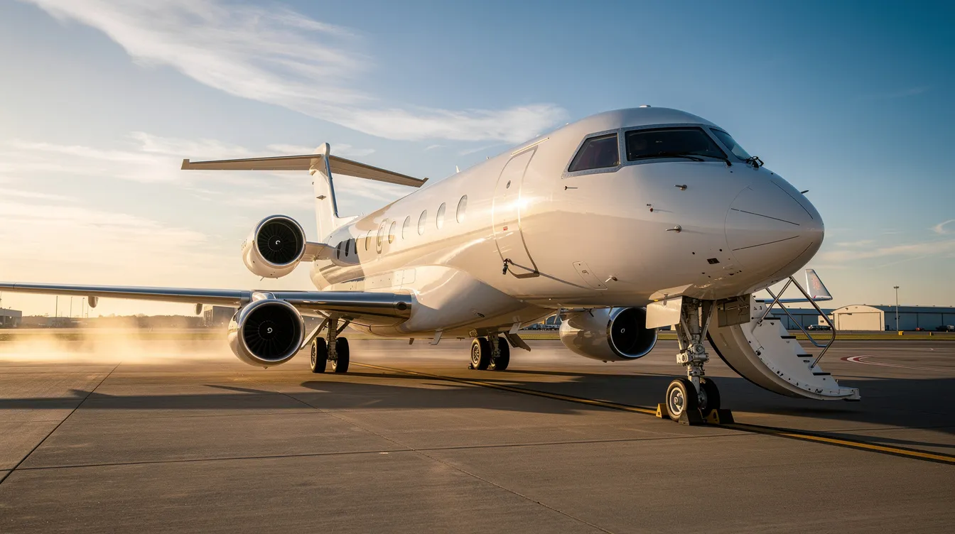 A Gulfstream IV private jet is parked on the tarmac with its boarding stairs extended, ready for passengers to embark. This aircraft is designed for flying long distances and features international jet interiors for optimal comfort.