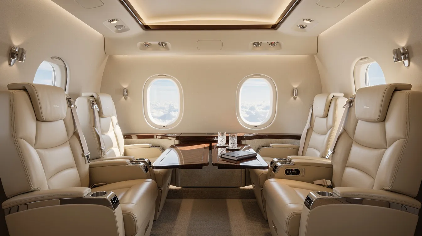 The image shows the interior cabin of a luxury private jet, featuring plush leather seats and a spacious layout designed for comfort during long-distance flights. This elegant cabin is part of the Gulfstream IV model, showcasing high-end international jet interiors and modern amenities.