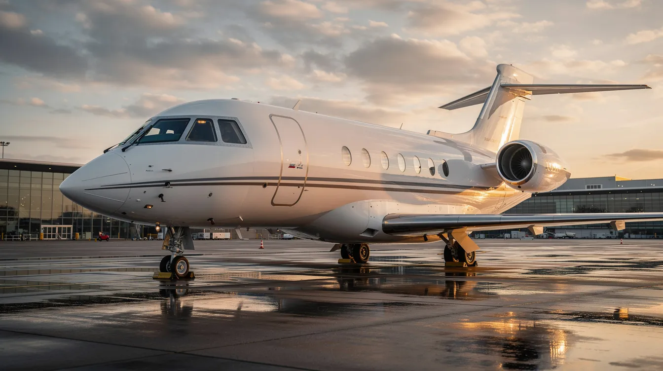 The image features a Dassault Aviation Falcon business jet, showcasing its sleek design and large cabin space, which exemplifies comfort and efficiency in business aviation. The aircraft is equipped with advanced technology and powerful engines, highlighting its purpose-built nature for high-speed flights and impressive range capabilities.
