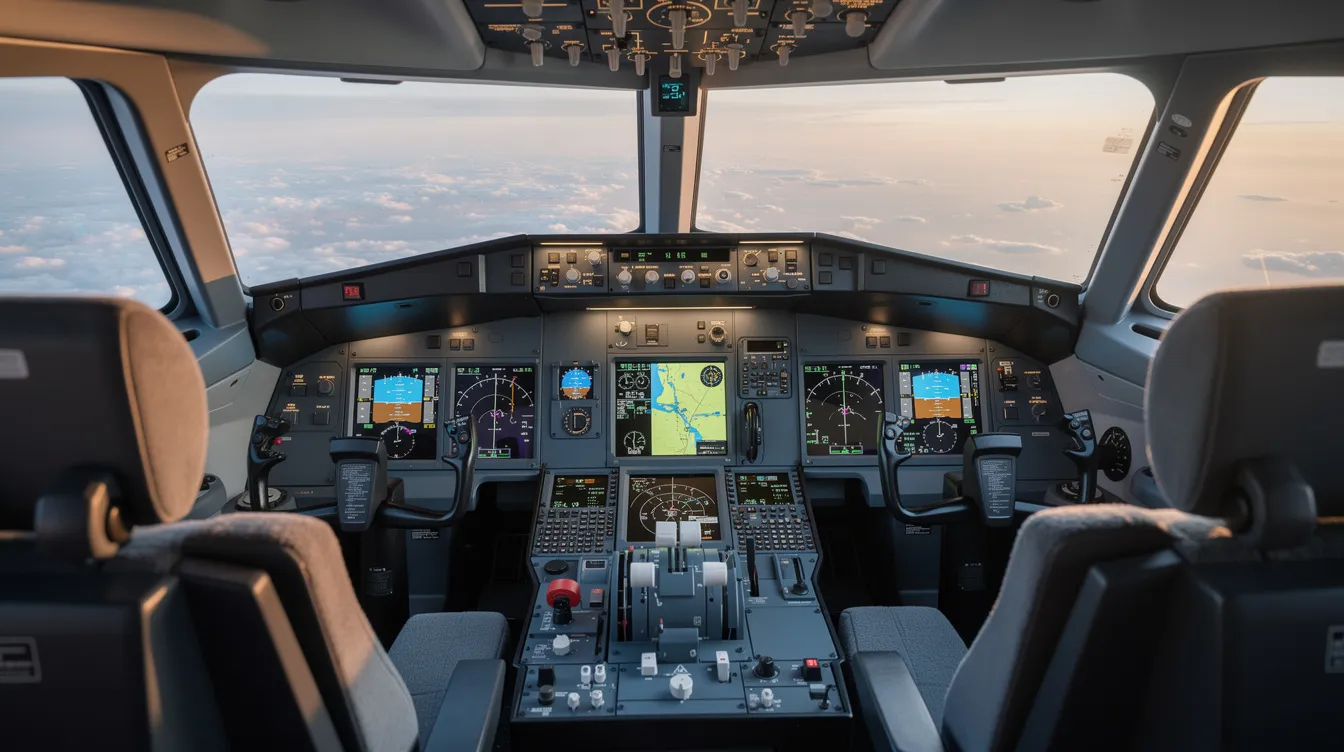 The image showcases a modern aircraft cockpit featuring multiple digital display screens, designed for advanced flight management. This high-tech flight deck represents the innovation found in Dassault Aviation's business aircraft, such as the Falcon family, emphasizing efficiency and versatility in business aviation.