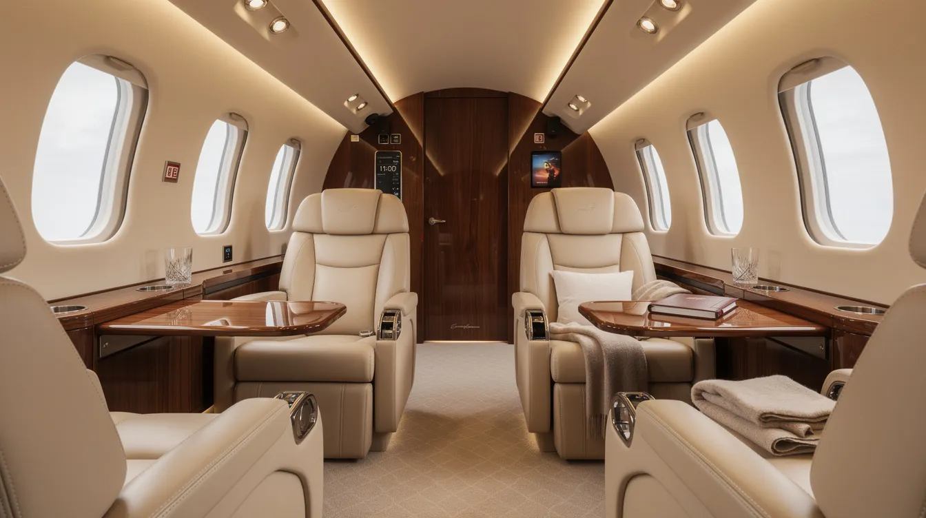 The image showcases the luxurious interior of a private jet cabin, featuring cream leather seats and elegant wood accents, designed for comfort and style. This cabin, part of the Dassault Falcon 2000EX, offers two cabin zones for passengers, enhancing the overall flying experience.