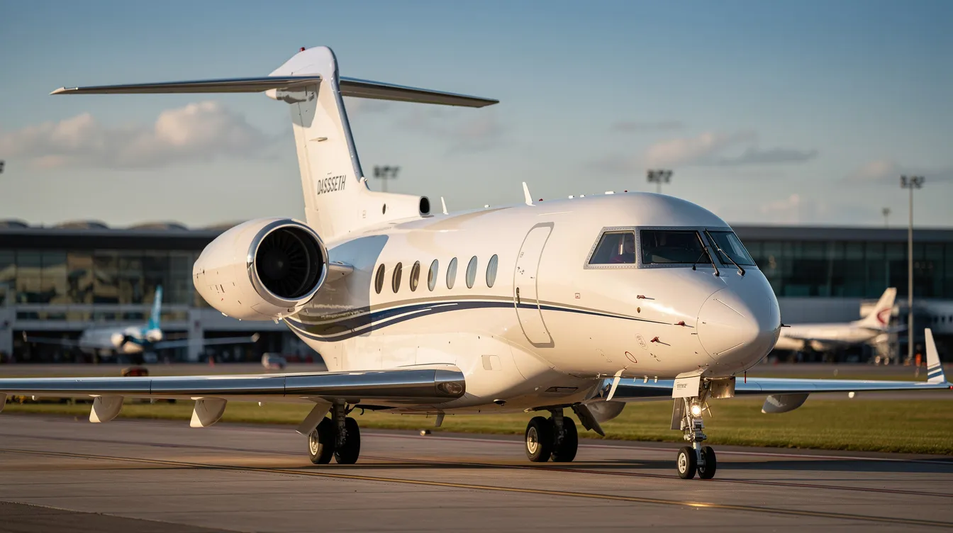 The image depicts a Dassault Falcon 2000EX, a sleek business jet designed for optimal performance, featuring two cabin zones for passenger comfort. With a maximum takeoff weight and impressive range, this aircraft is equipped with advanced avionics and fuel capacity, making it ideal for charter operations and maritime surveillance.