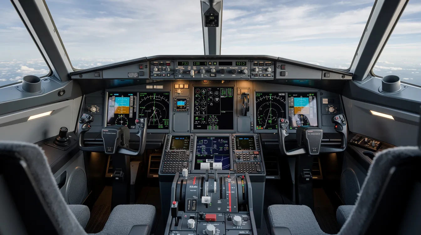 The image depicts a modern aircraft cockpit featuring an advanced avionics suite with digital displays and intuitive flight controls, designed for easy operation by pilots. This cockpit is representative of the Dassault Falcon 2000EX, known for its performance, spacious cabin with two zones, and capabilities for various missions including maritime surveillance.