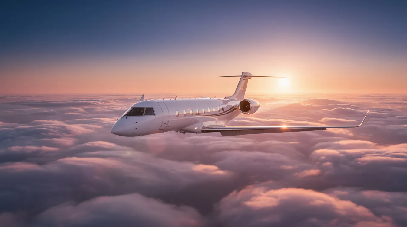 A Dassault Falcon 900C business jet is soaring above a sea of clouds during a vibrant sunset, showcasing its sleek design and innovative technology. The aircraft, known for its large cabin and advanced avionics, is equipped for optimal performance and passenger comfort.
