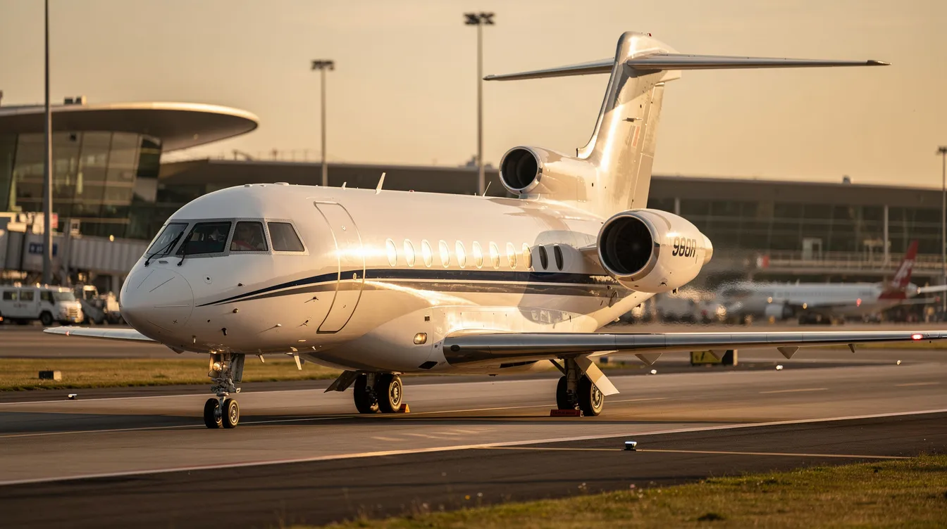 The image features a Dassault Falcon 900C jet, showcasing its sleek design and large cabin that accommodates passengers comfortably. The cockpit is equipped with advanced avionics, including dual Honeywell GPS systems, highlighting the innovative technology and performance improvements of this aircraft.