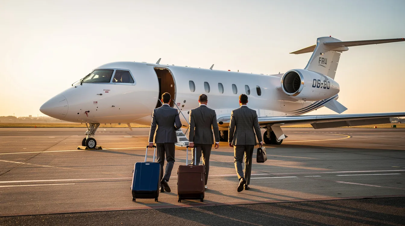 A group of business travelers is walking toward a Dassault Falcon 8X private jet on the tarmac, showcasing its sleek design and quiet cabin. This ultra-long-range business jet is known for its fuel efficiency and passenger comfort, making it an ideal choice for trips to destinations like London or New York.