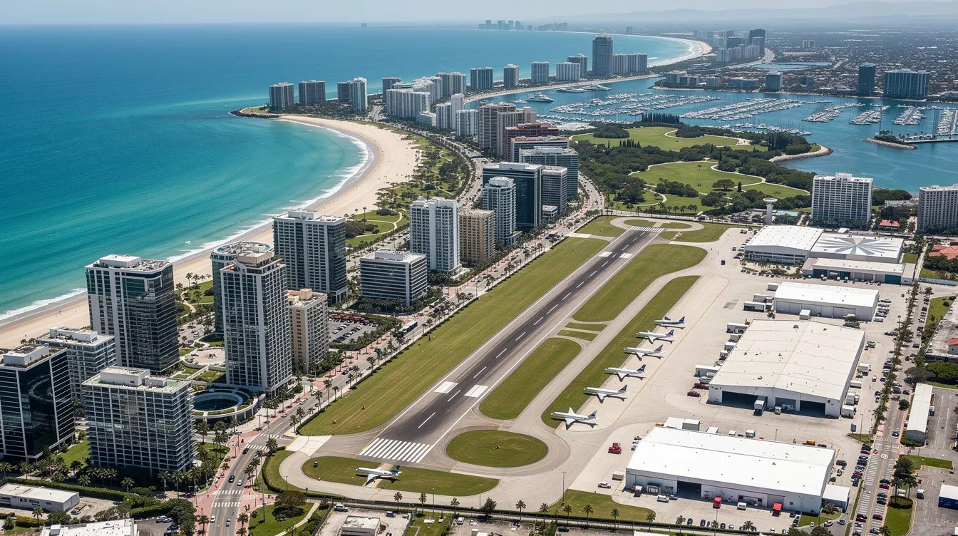 An aerial view showcases a coastal city featuring a private airport runway, where sleek business jets like the Dassault Falcon 8X can be seen parked, highlighting their ultra-long range capabilities and spacious cabin comfort for passengers. The scene captures the efficiency and elegance of private aviation against a backdrop of the bustling cityscape.