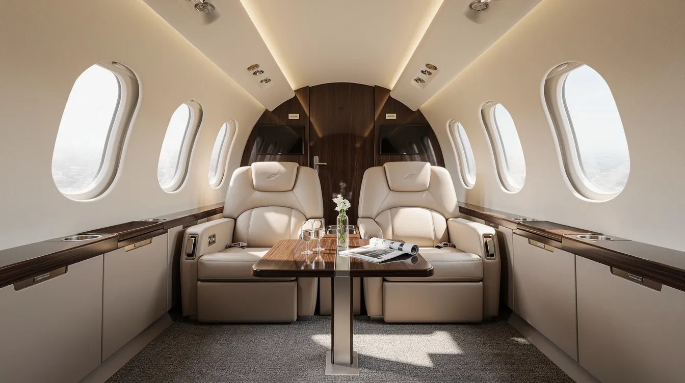 The image depicts a spacious private jet cabin interior featuring club seating that allows for comfortable gatherings among passengers, illuminated by ample natural light. This luxurious environment exemplifies the cabin comfort and design of the Dassault Falcon 8X, a business jet known for its quietest cabin and ultra long-range capabilities.
