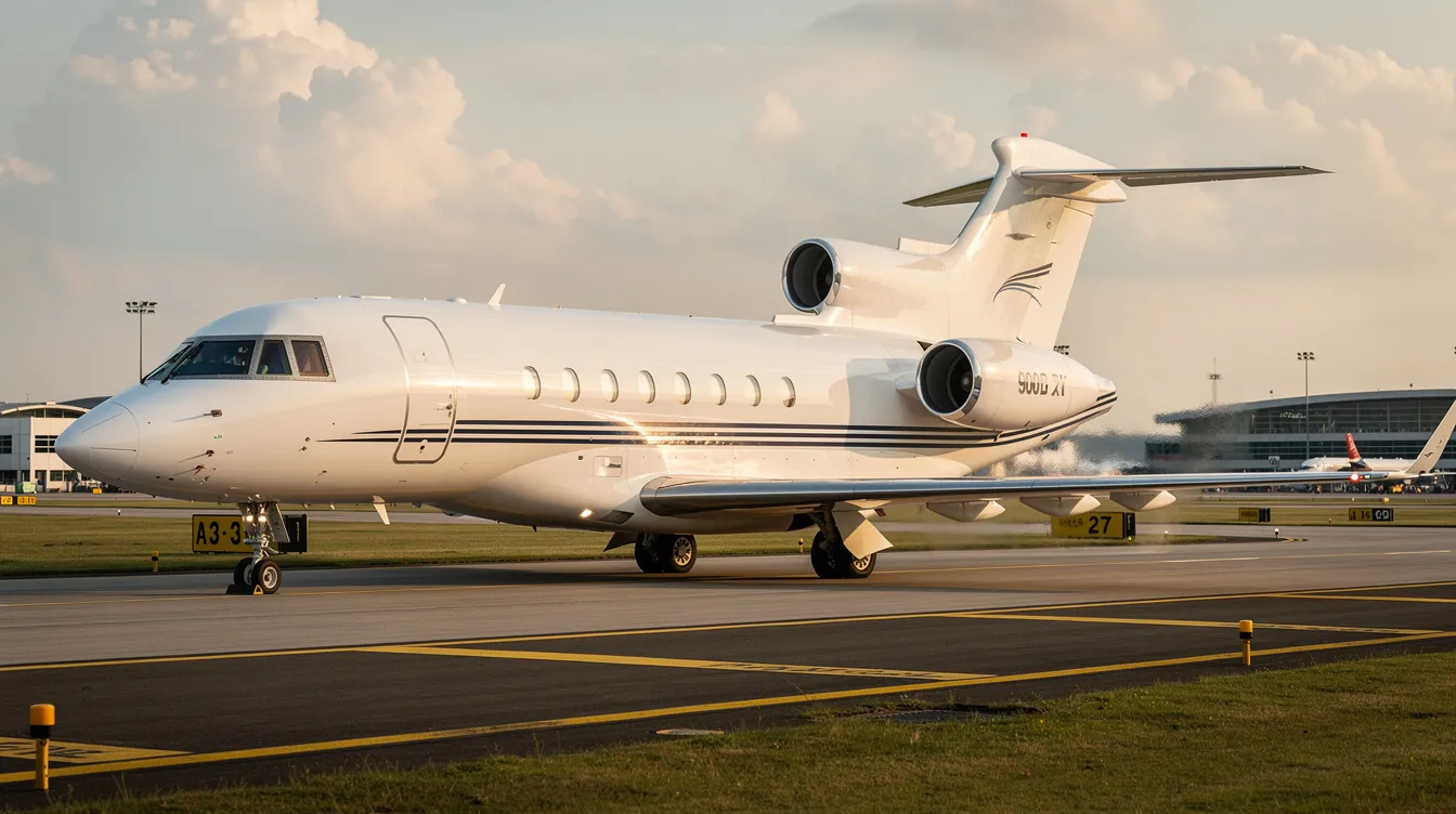 The image showcases a Dassault Falcon 900DX aircraft, featuring a sleek design with three engines and blended winglets. Inside, the spacious cabin accommodates up to eight passengers, complete with a full-service galley and a small wardrobe closet, providing a comfortable environment enhanced by natural light.