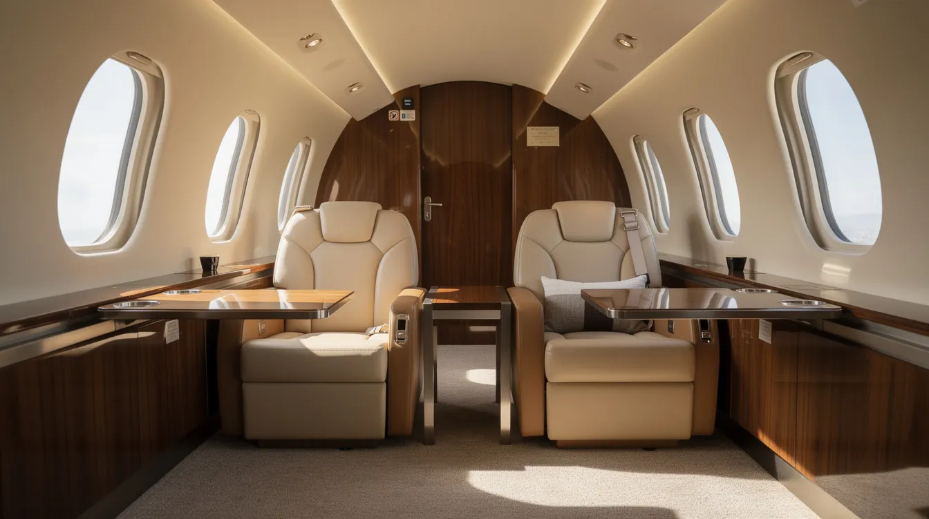 The image depicts the luxurious interior of a Dassault Falcon 900DX private jet, featuring plush leather club seating arranged to accommodate eight passengers. Natural light floods the cabin, enhancing the spaciousness, which includes a small wardrobe closet and a full-service galley, all designed for comfort and elegance during flight.
