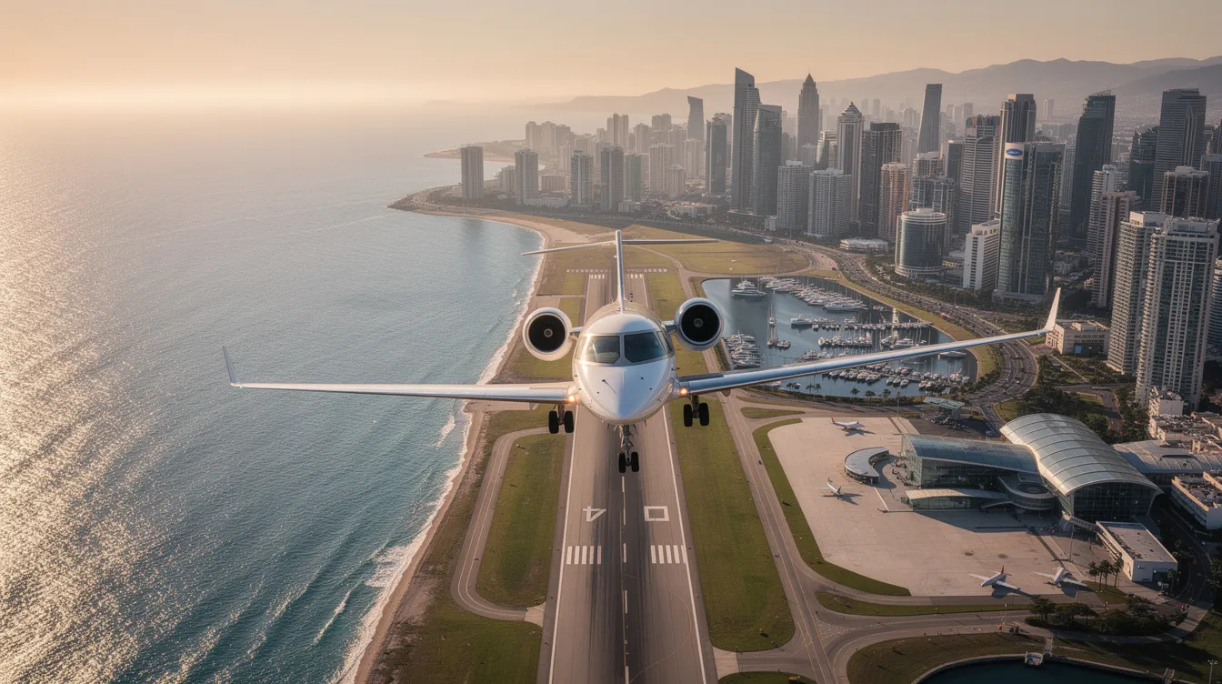 A Dassault Falcon 900DX private jet, known for its three engines and spacious cabin accommodating up to eight passengers, is approaching a coastal city airport, ready for landing. The aircraft features blended winglets and is designed for efficient performance, ensuring a smooth arrival at the runway.