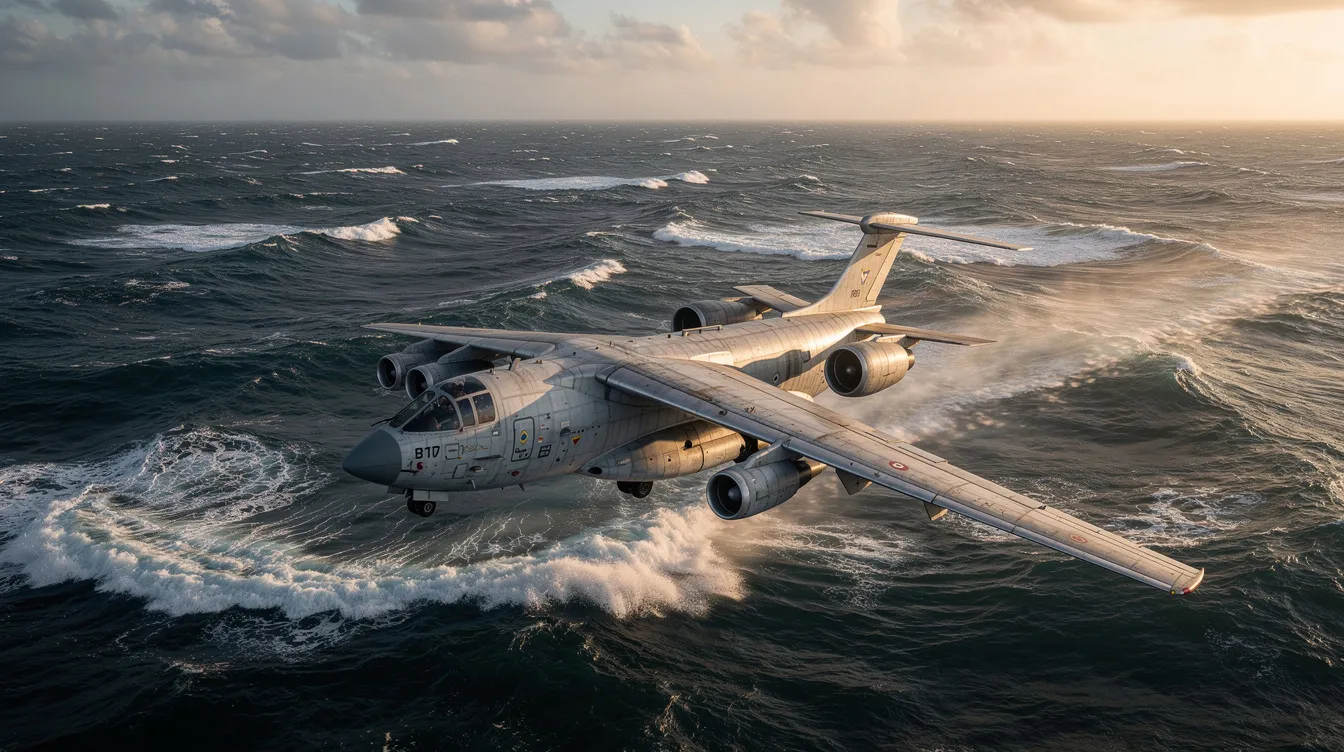 A military patrol aircraft, resembling a Dassault Falcon 20, flies low over choppy ocean waves, showcasing its sleek fuselage and powerful engines. The aircraft is equipped for operations like those conducted by the US Coast Guard, emphasizing its role in surveillance and VIP transport missions.