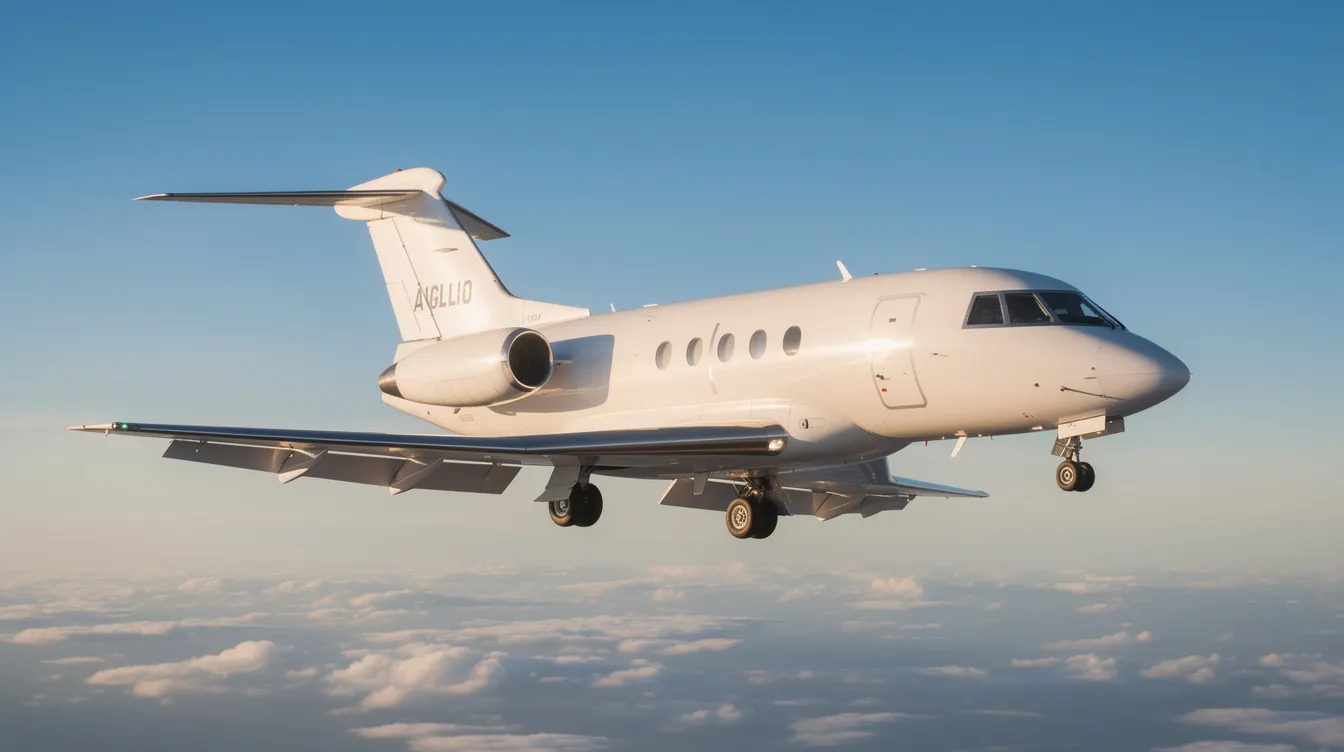 The image features a Dassault Falcon 20 business jet, showcasing its sleek fuselage and distinctive wing design. This first production aircraft is known for its enhanced fuel capacity and performance, making it a prominent member of the Falcon family used for VIP transport and various operational roles.