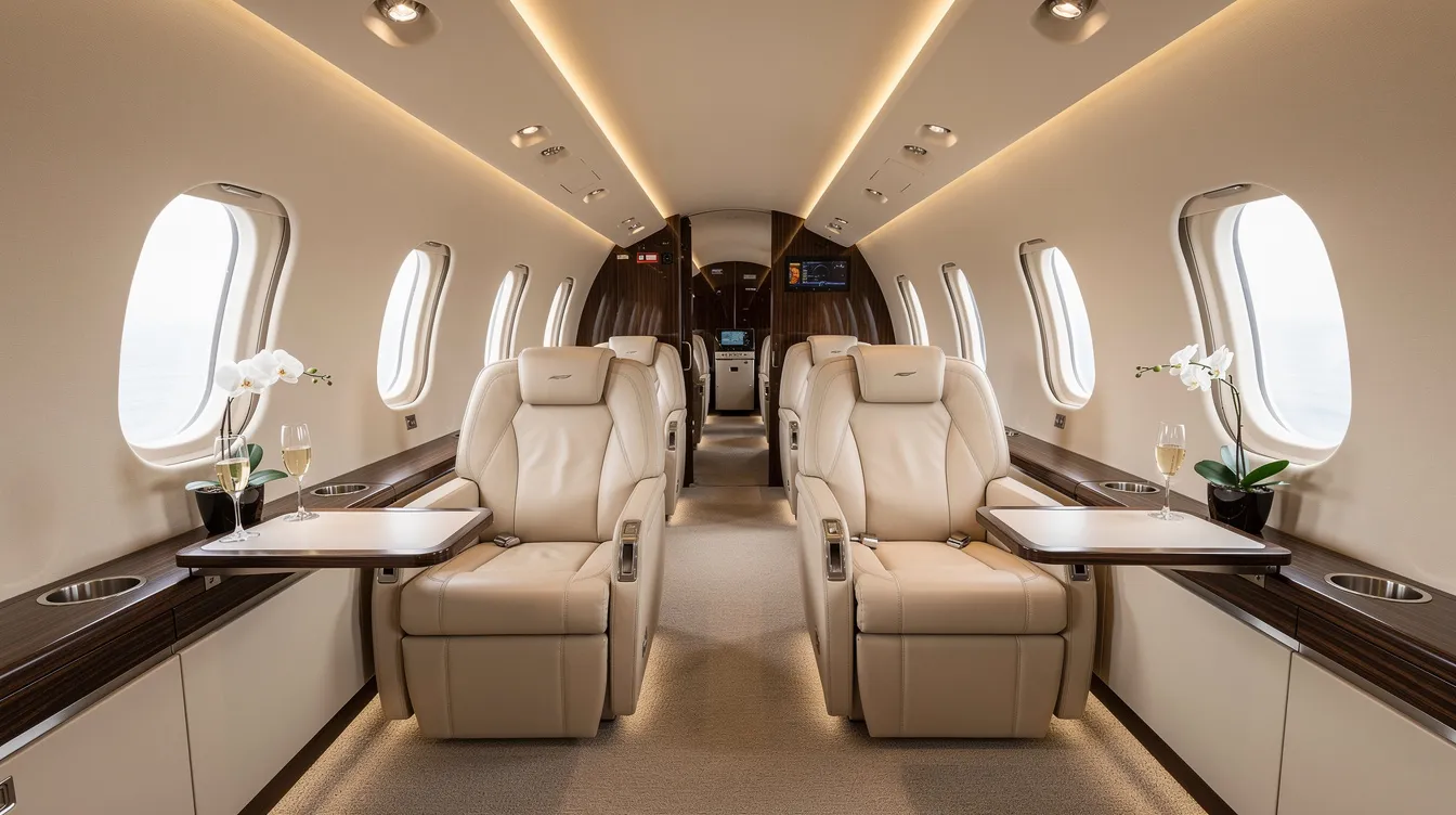 The image depicts a luxurious private jet cabin interior featuring cream leather club seating, designed for maximum passenger comfort. The elegant space showcases smooth curves and ample cabin volume, providing an inviting atmosphere for up to nine passengers during their flight.