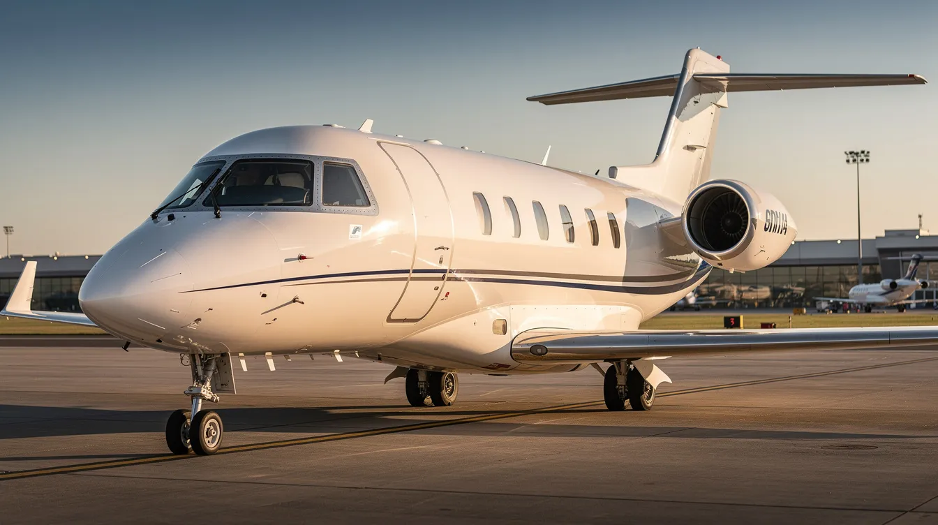 The image depicts a Hawker 800A private jet, showcasing its sleek design and spacious cabin configured to typically accommodate eight passengers. The aircraft features a modern glass cockpit with advanced avionics systems and is known for its impressive cruising speed and extended range, making it a popular choice among business travelers.
