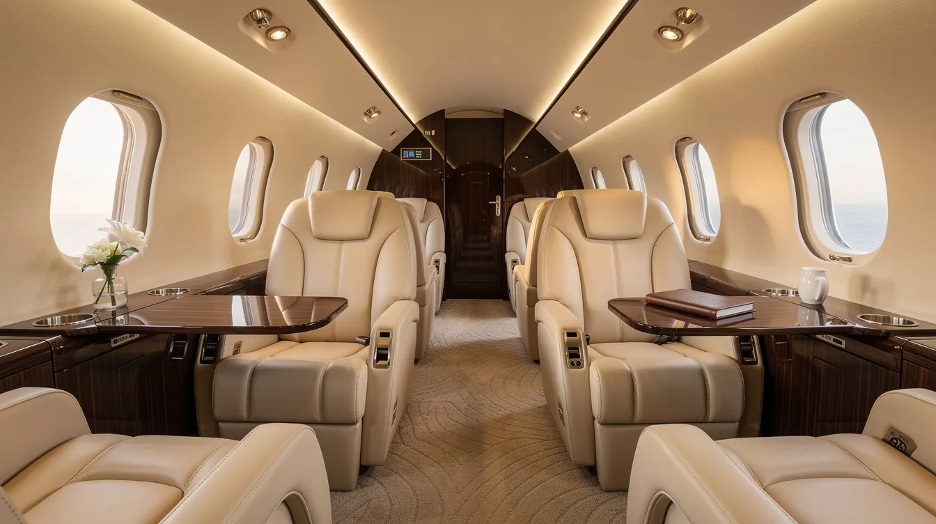 The image showcases the luxurious interior of a private jet, featuring cream leather seats and elegant wood trim, comfortably accommodating eight passengers. This redesigned cabin includes a forward galley and is equipped with advanced avionics systems, ensuring a premium flying experience.
