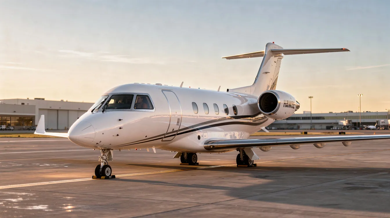 The image depicts a sleek Hawker 750, a light midsized business jet designed to accommodate up to eight passengers. It features a spacious cabin with the largest cabin volume in its class, an external baggage compartment for enhanced baggage space, and is equipped with advanced Rockwell Collins Pro Line 21 avionics for improved flight operation.