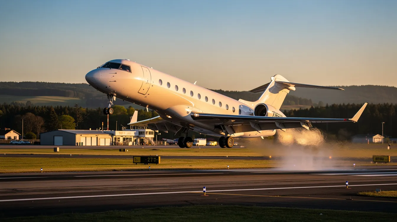 A light midsized business jet, designed to accommodate up to eight passengers, is taking off from a regional airport runway, showcasing its sleek fuselage and wings. The aircraft, part of the Hawker Beechcraft fleet, is equipped with a spacious cabin and an external baggage compartment for additional storage.