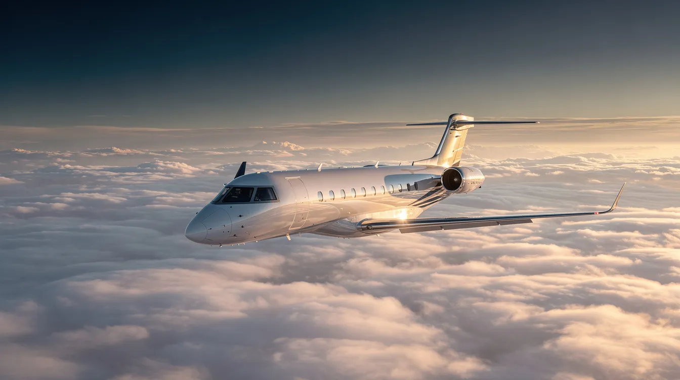 A mid-size business jet, specifically the Hawker 900XP, soars above a blanket of clouds, illuminated by sunlight, showcasing its sleek design and upgraded engines. This well-known aircraft offers a spacious cabin and luxurious flight experience for up to 8 passengers, making it an economical choice for mid-range destinations.