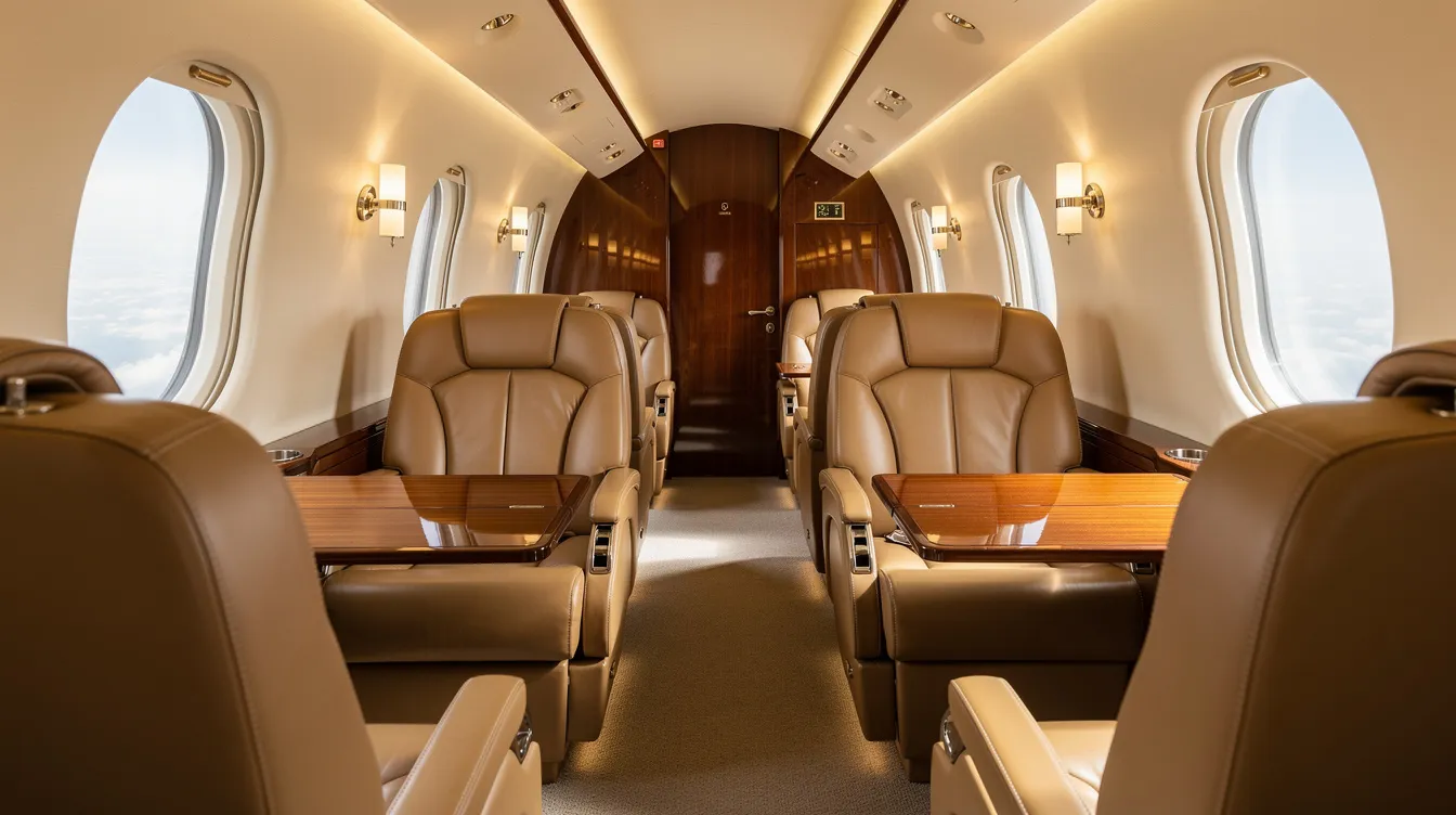 The image showcases the luxurious interior of a private jet cabin featuring leather seats and fold-out tables, designed to provide a comfortable flight experience for up to 8 passengers. This spacious cabin is part of the well-known Hawker 900XP series, known for its upgraded engines and efficient operation for mid-range destinations.