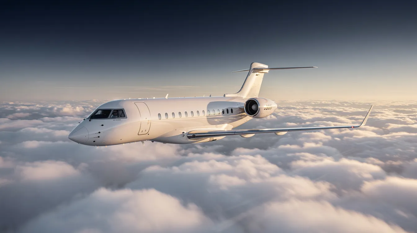 A sleek business jet, specifically a Hawker Beechcraft 4000, soars gracefully above a sea of fluffy clouds at cruising altitude, showcasing its impressive performance and design. The aircraft's maximum cruising altitude offers a serene flight experience for passengers, while the sunlight glints off its polished exterior.