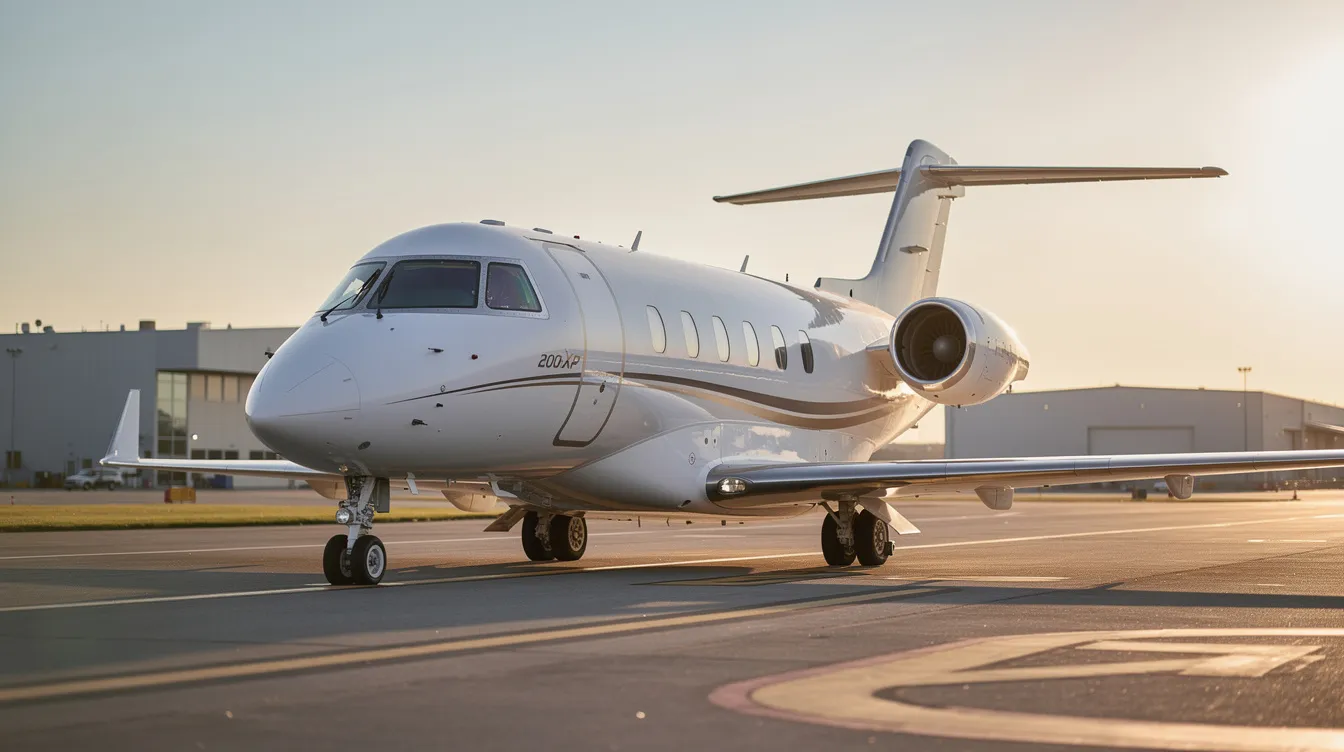 The image features a Hawker 800XP business jet, designed to comfortably accommodate eight passengers with a typically configured interior that includes eight seats and a three-person divan. Known for its efficiency and performance, this aircraft is powered by Honeywell TFE731 engines, allowing for a maximum cruise speed and a long range, making it ideal for flights from shorter runways.