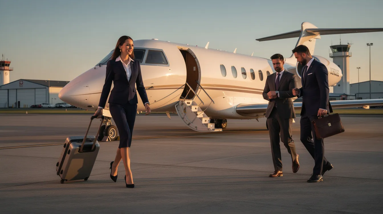 A group of business travelers dressed in professional attire walks toward a Hawker 800XP private jet on a small airport tarmac, ready for their flight. The jet, designed for comfort and efficiency, typically accommodates eight passengers and features a spacious cabin with a three-person divan.