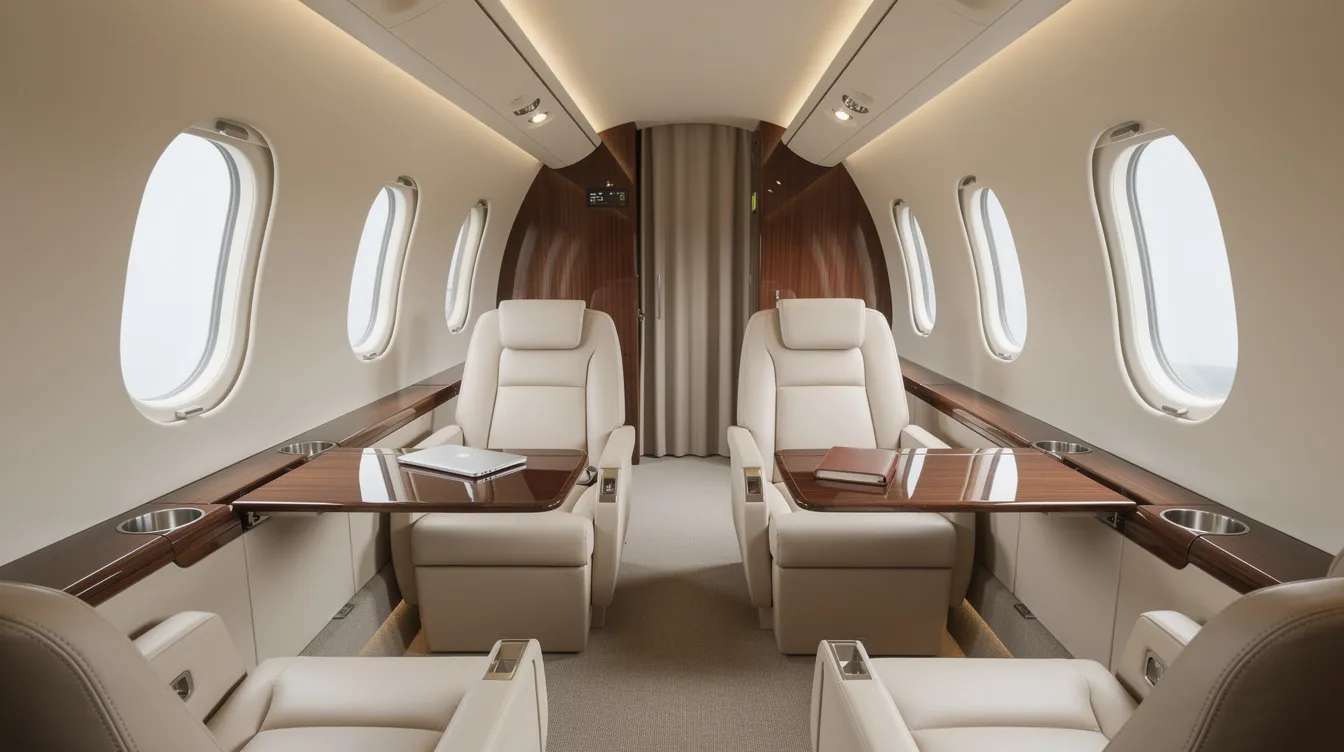 The image depicts the interior of a Hawker 800 business jet cabin, featuring luxurious leather seats arranged in a club seating configuration with folding tables, designed for maximum comfort for up to eight passengers. The elegant design emphasizes cabin comfort and efficiency, making it ideal for business travel.
