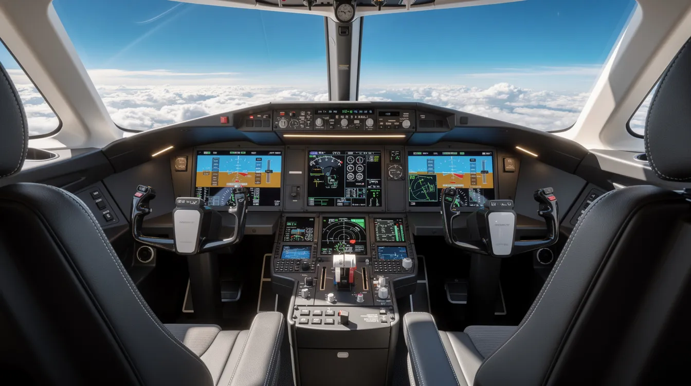 The image depicts a modern private jet cockpit featuring the Bombardier Vision Flight Deck, equipped with advanced digital displays and ergonomic controls designed for business aviation. This cockpit is part of the Bombardier Global 7500, known for its ultra long-range capabilities and exceptional performance in the business jet market.
