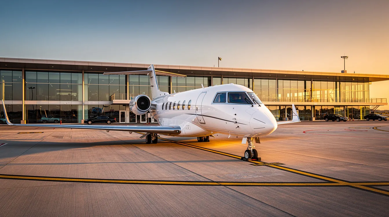 A sleek Bombardier business jet is parked on the tarmac at an executive airport terminal, showcasing its modern design and reflecting the critical role of business aviation in connecting multinational corporations and private individuals around the world. The scene emphasizes the efficiency and luxury of private travel, highlighting the importance of schedule matters for its clients.