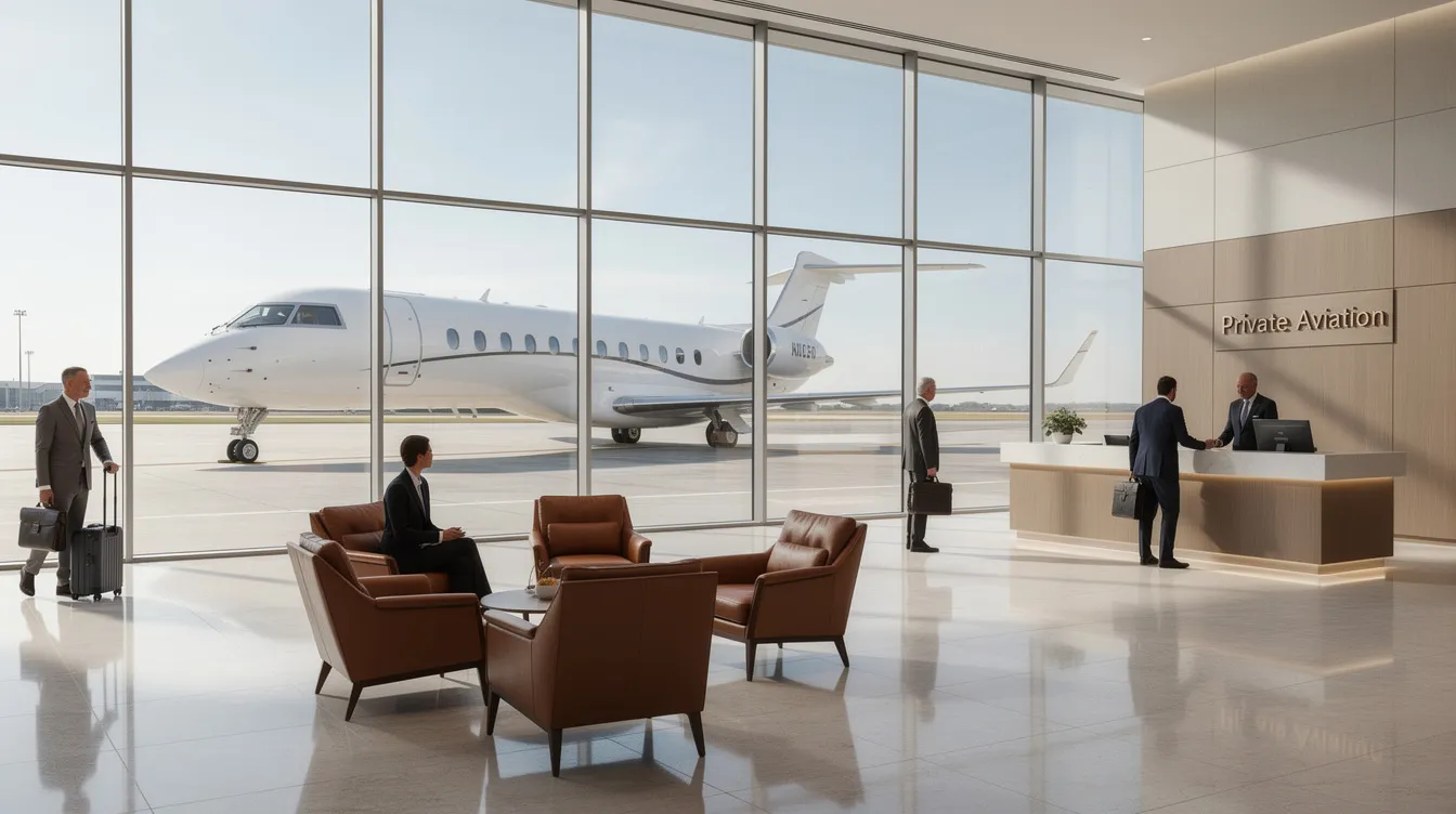 A modern private aviation terminal is depicted, showcasing a sleek business jet visible through large windows, emphasizing the luxury and efficiency of business aviation. The scene highlights the critical role of companies like Bombardier Aerospace in the industry, serving multinational corporations and private individuals around the world.