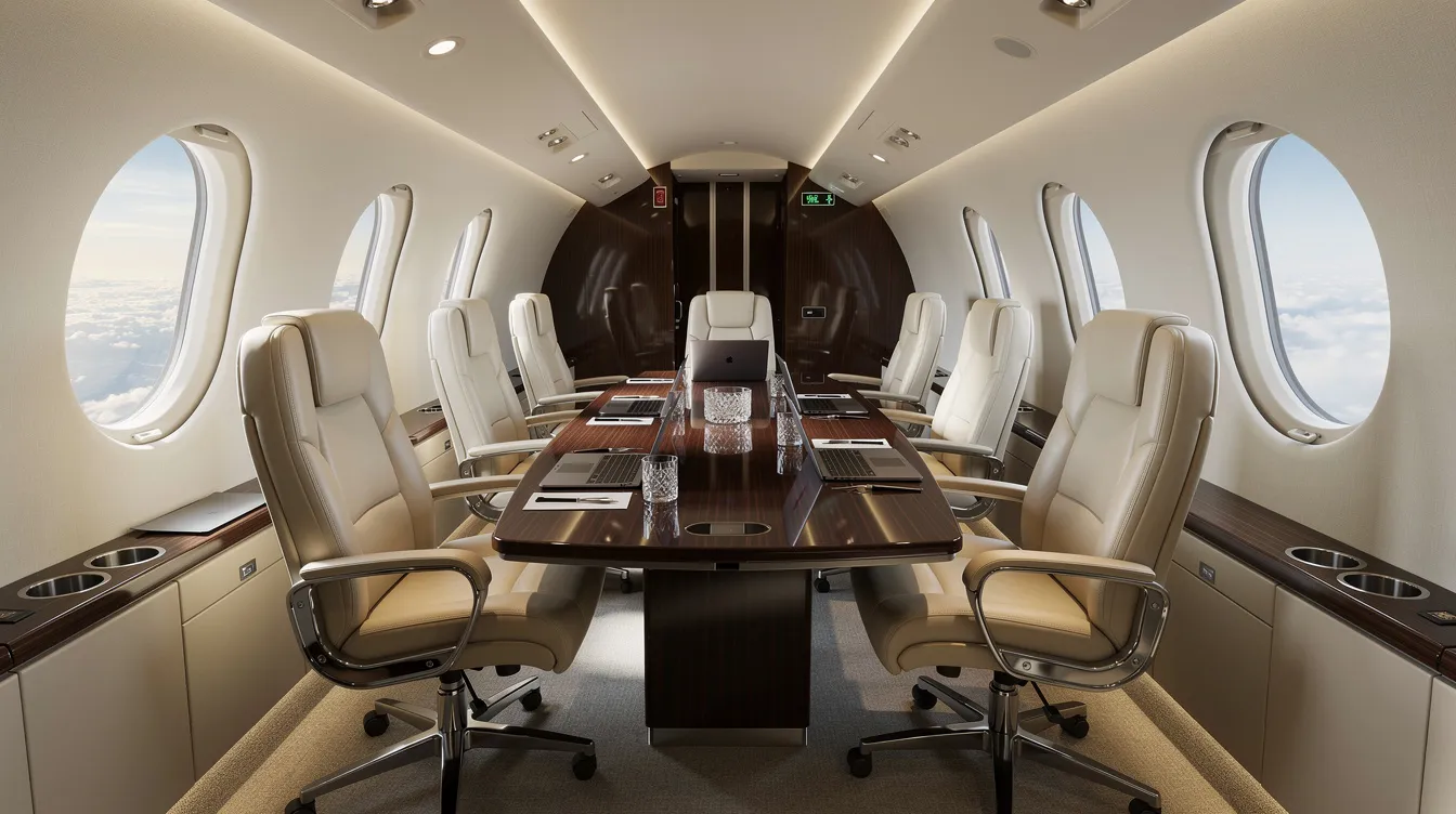 The image depicts the interior of a luxurious business jet cabin featuring a sleek conference table surrounded by plush leather seats, designed for comfort and productivity in business aviation. This elegant space exemplifies the high standards of Bombardier aerospace, catering to multinational corporations and private individuals who value efficiency and style while traveling.