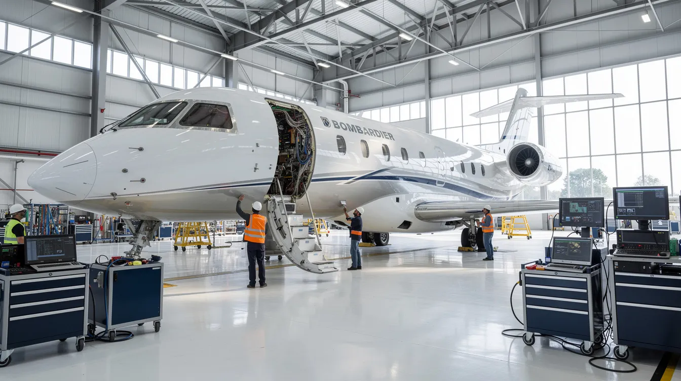 The image features a Bombardier Challenger business jet, showcasing its spacious cabin designed for comfort, with fully reclining seats and foldaway tables for passengers. The aircraft is depicted in a sleek design, emphasizing its performance and luxury, suitable for challenging airports like London City.