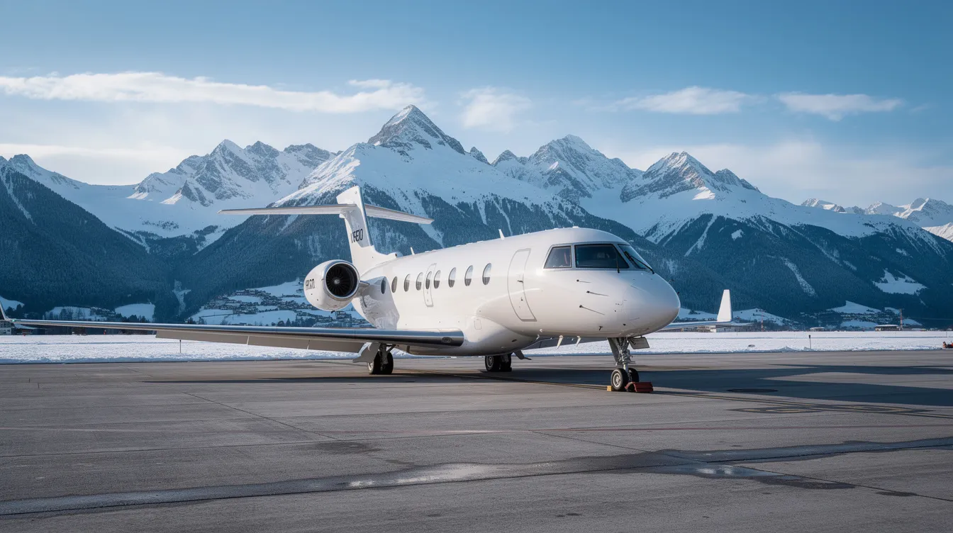 A sleek private jet, specifically a Bombardier Challenger, is parked on the tarmac with a stunning backdrop of snowy mountains. The aircraft's tail is prominently displayed, highlighting its luxurious design, while the spacious cabin promises comfort for passengers traveling to challenging airports.