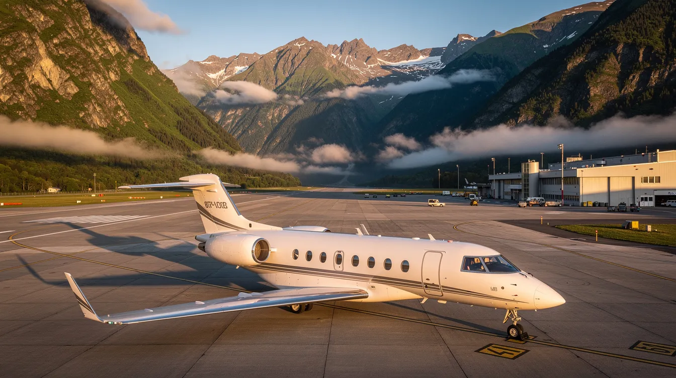 The image depicts a regional airport nestled among mountains, featuring a Bombardier Challenger 350 jet parked on the tarmac, ready for takeoff. This super midsize business jet is designed for optimal performance, offering a quiet cabin and ample space for passengers, making it ideal for charter operations.