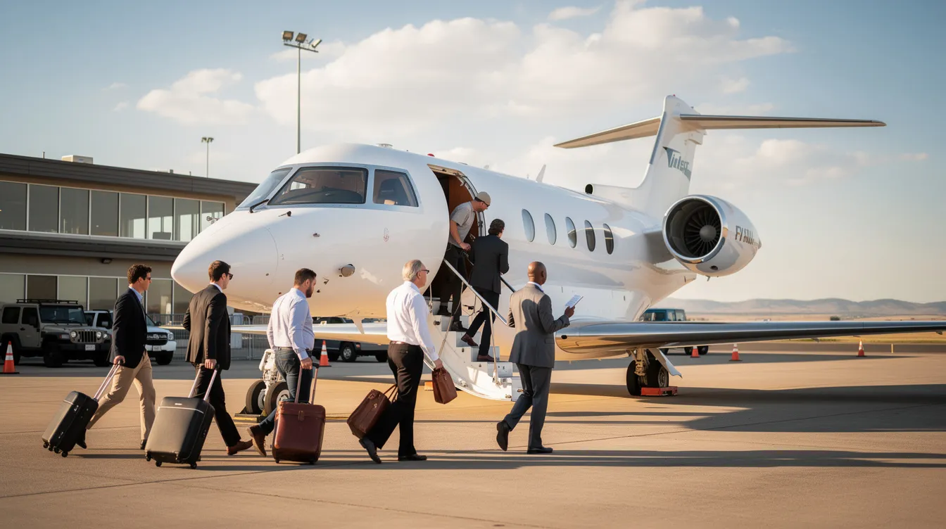 A group of passengers is boarding a Bombardier Challenger 350 private jet on a sunny day at a regional airport, with the aircraft's large windows allowing natural light to fill the cabin. The scene captures the excitement of travel, highlighting the jet's spacious interior and modern design features.