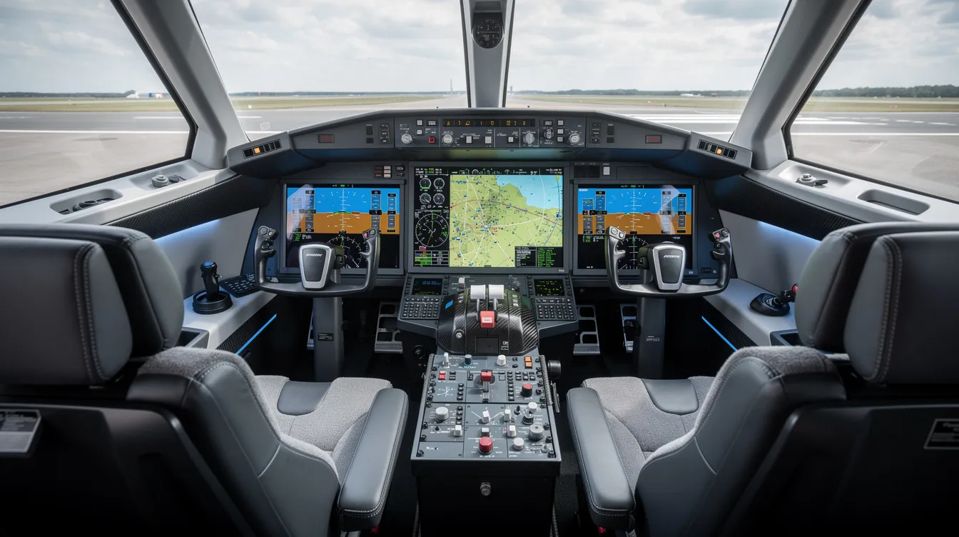 The image shows a modern business jet cockpit, specifically designed for the Bombardier Challenger 350, featuring four large digital displays and advanced flight instruments. This cockpit is equipped with a head-up display and a synthetic vision system, providing pilots with essential information for safe operation and optimal performance during takeoff and landing.