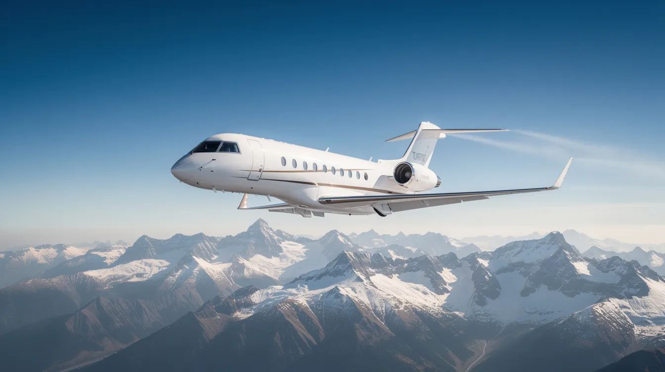 A sleek white business jet, resembling the Bombardier Challenger 650, soars above majestic mountain peaks under a clear blue sky, showcasing its powerful engines and advanced avionics. The aircraft is designed for an ultra-smooth ride, making it ideal for flights to challenging airports.
