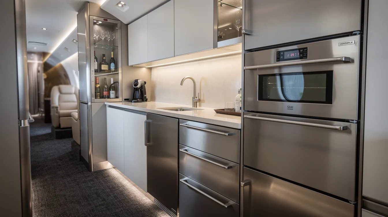 The image depicts a modern galley area inside a Bombardier Challenger 650 private jet, featuring sleek stainless steel appliances and cleverly designed storage compartments, ideal for efficient meal preparation during flights. The elegant space showcases the luxurious cabin environment typical of business jets, ensuring comfort for up to five passengers.