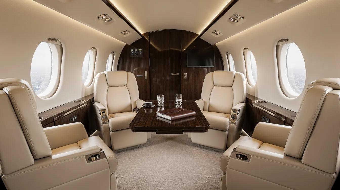 The image depicts the luxurious interior of a Bombardier Global 6000 private jet cabin, featuring a carefully designed arrangement of leather club seating that provides a spacious and comfortable environment for passengers. The cabin is equipped with advanced amenities, including access to forward and aft lavatories, ensuring a high level of service and comfort during long-range flights.