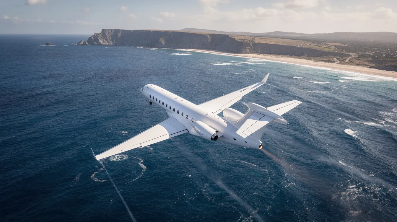 A sleek business jet, specifically the Bombardier Global 6000, soars gracefully over the ocean with a stunning coastline visible in the distance. The aircraft features advanced wing design for high-speed cruise and smooth rides, showcasing its class-leading combination of performance and luxury.