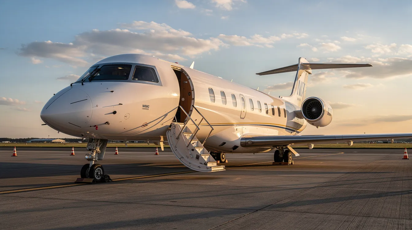 A private jet is parked on a runway with its stairs extended, ready for passengers to board. The scene captures the essence of luxury travel, highlighting the aircraft's sleek design against the backdrop of an airport.