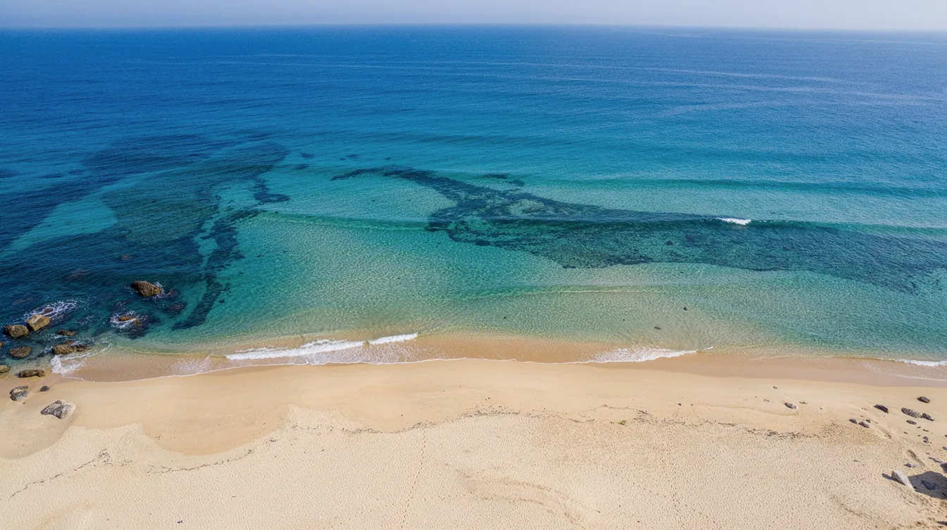 An aerial view showcases a stunning coastline bordered by a clear blue ocean, highlighting the natural beauty of the landscape. This scene evokes a sense of tranquility and freedom, reminiscent of the capabilities of aircraft like the Bombardier Challenger 604, which are often used for maritime patrol and search and rescue missions.