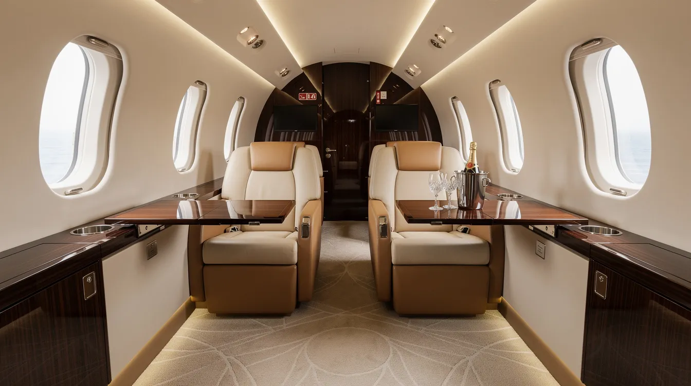 The image showcases the luxurious interior of a Bombardier Challenger 604 private jet, featuring plush leather club seats and elegant wood accents, designed for ultimate comfort during long-range flights. The spacious cabin includes two seating sections, reflecting the high standards of business jets.