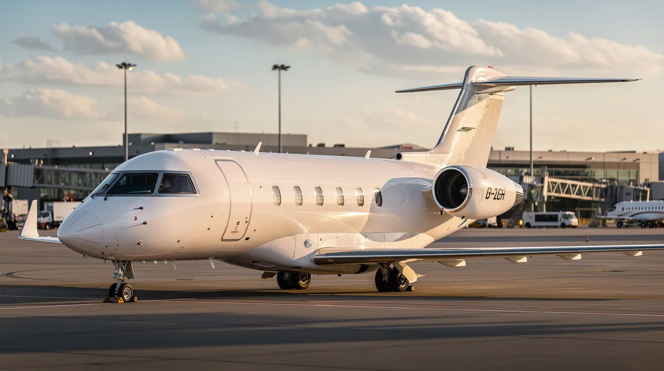 The image features a Bombardier Challenger 604 aircraft, showcasing its sleek design with a conventional tail and supercritical wing structure. This business jet is known for its long-range capabilities and is often utilized by the United States Coast Guard for search and rescue missions, as well as by various government and private operators for luxury travel.