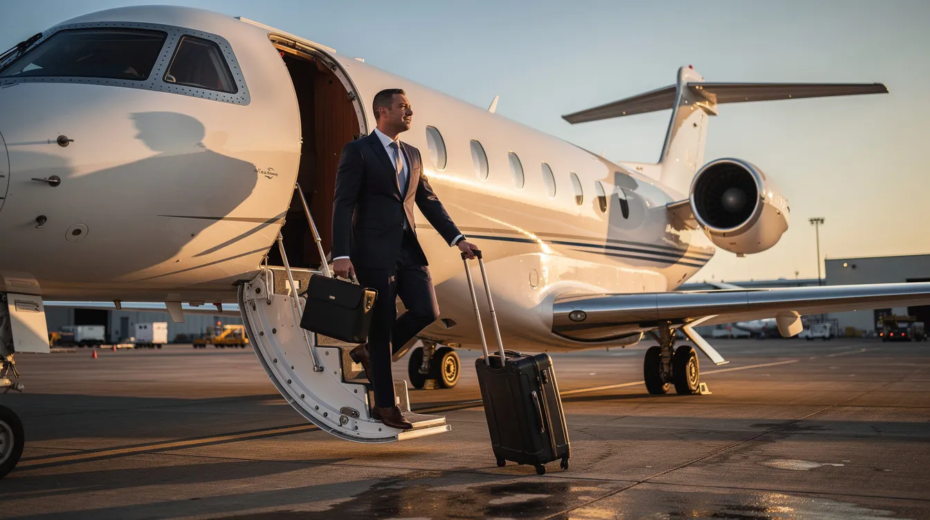 A business executive is seen boarding a private jet on the tarmac, ready for a journey that could reach supersonic speeds. The sleek aircraft, designed for high performance and fuel efficiency, stands out against the clear sky, embodying the advanced technology of modern aviation.
