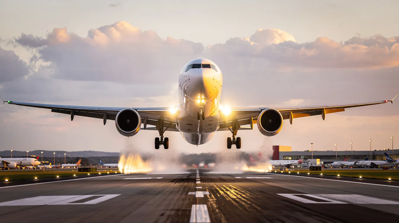 A commercial airliner is taking off from the runway, its powerful engines generating thrust as it ascends into the skies. This aircraft, designed for efficiency and capable of flying at subsonic speeds, is embarking on a journey to transport passengers to their destination.