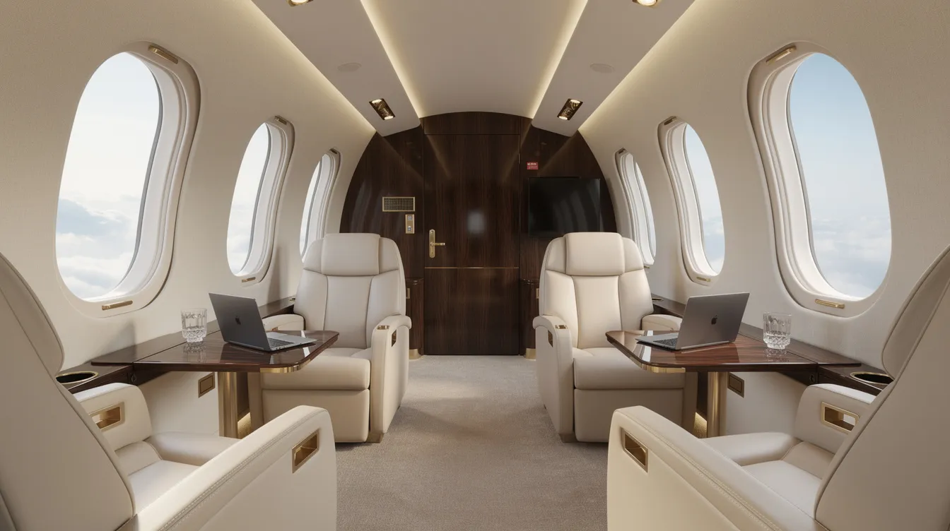 The image showcases the interior of a luxury business jet, featuring a spacious cabin with plush seating and large windows that allow for ample natural light. This high-performance aircraft is designed for passenger comfort, making it ideal for business travel while achieving impressive cruising speeds.