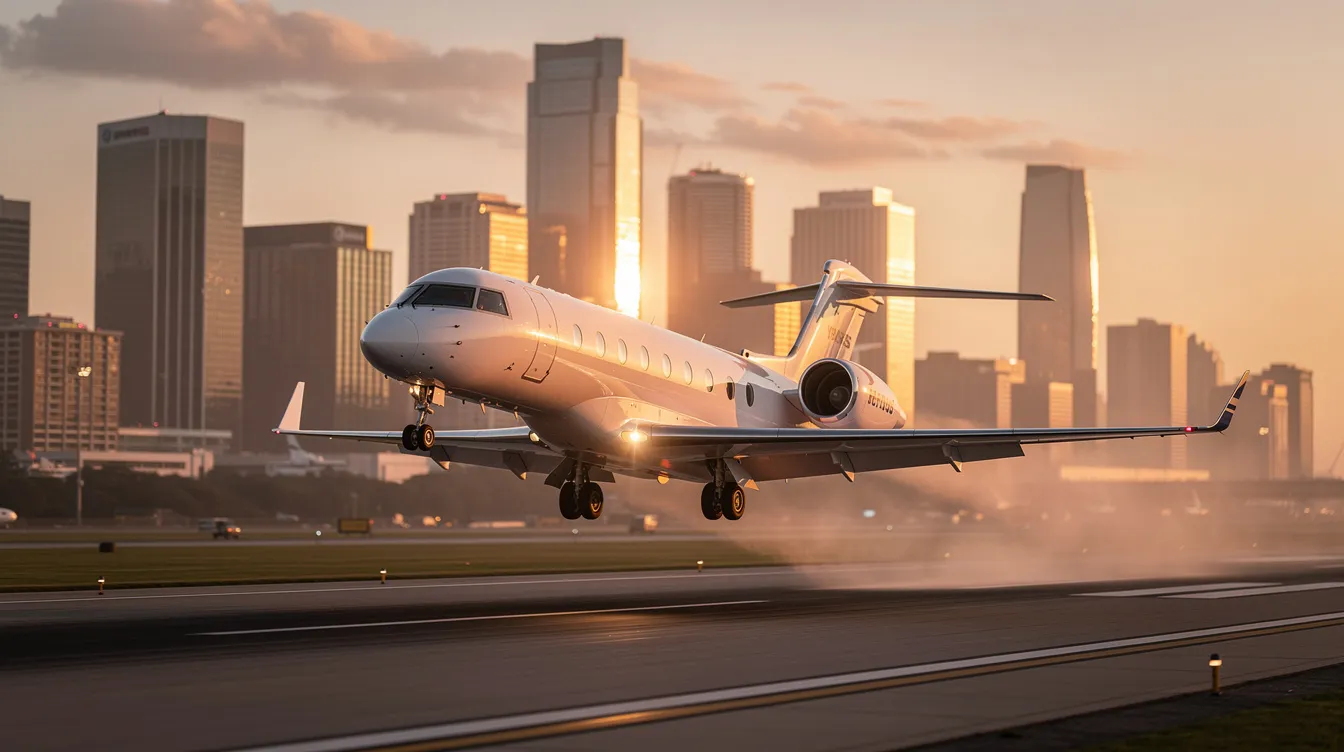 A sleek private jet takes off from a runway during golden hour, with a vibrant city skyline illuminated in the background. This high-performance aircraft, designed for maximum cruising speed and exceptional comfort, exemplifies the cutting-edge technology of the world's fastest private jets.