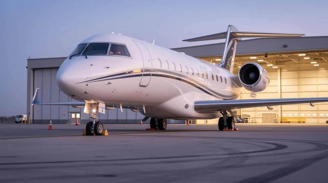 The image shows a large business jet parked outside an airport hangar, showcasing its sleek design and luxury features typical of private aviation. This private jet is ready for charter, reflecting the high-end nature of private jet travel and the operational costs associated with flying privately.